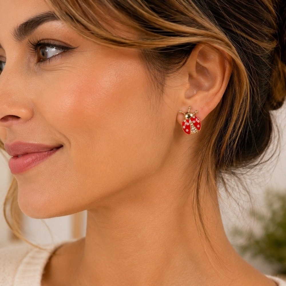 Lane Bryant Ladybug Rhinestone Stud Earrings Red Gold Tone Enamel Cute